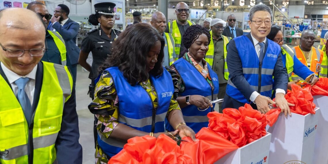 Vice President Naana Jane Opoku-Agyemang, leading the commissioning of the fourth production line of Softcare FM Manufacturing Limited