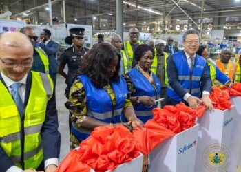 Vice President Naana Jane Opoku-Agyemang, leading the commissioning of the fourth production line of Softcare FM Manufacturing Limited