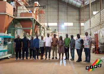 Kwame Kesse-Agyepong, GIPC Deputy Director, at Akwaaba Feeds in Bawjiase, with Representatives