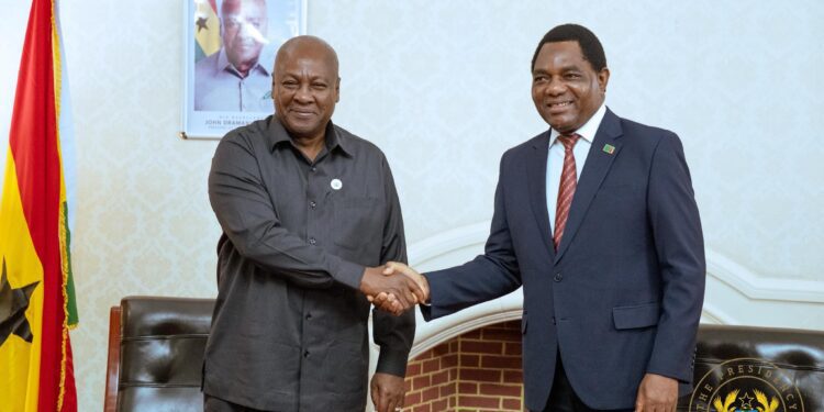 HE John Dramani Mahama, President of Ghana with Zambia’s President Hakainde Hichilema during three-day state visit