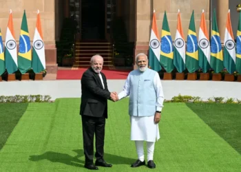 ndia’s Prime Minister Narendra Modi shakes hands with Brazil’s President Luiz Inacio Lula da Silva.