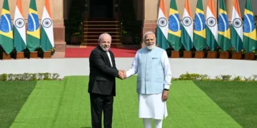 ndia’s Prime Minister Narendra Modi shakes hands with Brazil’s President Luiz Inacio Lula da Silva.