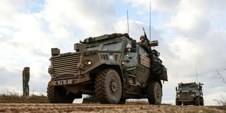 British Army Foxhounds on the Drawsko Pomorskie Training Area DPTA in Poland for Exercise Steadfast Defender 2024