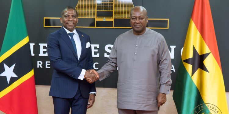 Ghana, St. Kitts and Nevis Strengthen Historic Ties 1 Ghana’s President HE John Dramani Mahama Host Prime Minister of , St. Kitts and Nevis Terrence Michael Drew at the Jubilee House