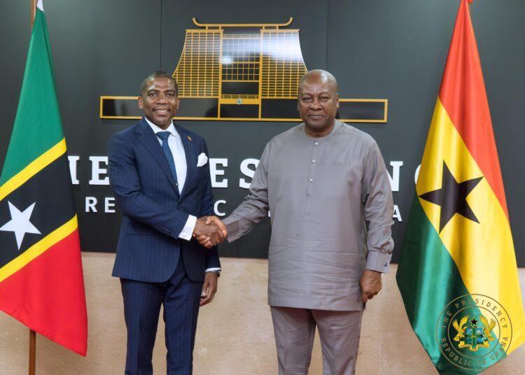 Ghana, St. Kitts and Nevis Strengthen Historic Ties 1 Ghana’s President HE John Dramani Mahama Host Prime Minister of , St. Kitts and Nevis Terrence Michael Drew at the Jubilee House