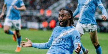 Semenyo celebrate with a knee slide after scoring in the EFL Cup against Newcastle United at the St. James' Park