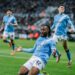Semenyo celebrate with a knee slide after scoring in the EFL Cup against Newcastle United at the St. James' Park