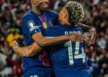 Ousmane Dembele and Desire Doue celebrating at the Parc de Princes