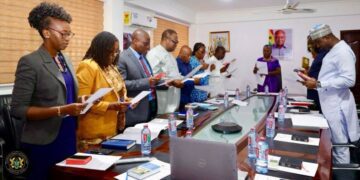 Hon. Emelia Arthur, Minister for Fisheries and Aquaculture Development, Inaugurates Reconstituted 12-Member Fisheries Commission Board