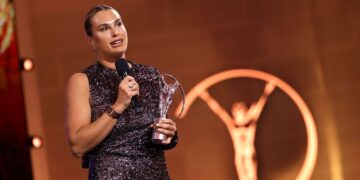Aryna Sabalenka gives acceptance speech after winning the Laureus World Sportswoman of the Year award on stage during the Laureus World Sports Awards Madrid 2026 on April 20, 2026 in Madrid, Spain. (Photo by Pablo Cuadra/Getty Images for Laureus)