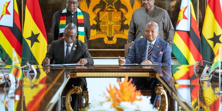 Ghana's President John Dramani Mahama and Zimbabwe President Emmerson Mnangagwa with their respective foreign affairs