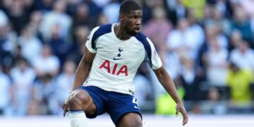 Kevin Danso in action for Spurs at the Tottenham Hotspur Stadium in London