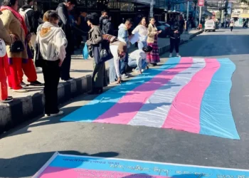 Participants prepare for the trans rights march in Kathmandu