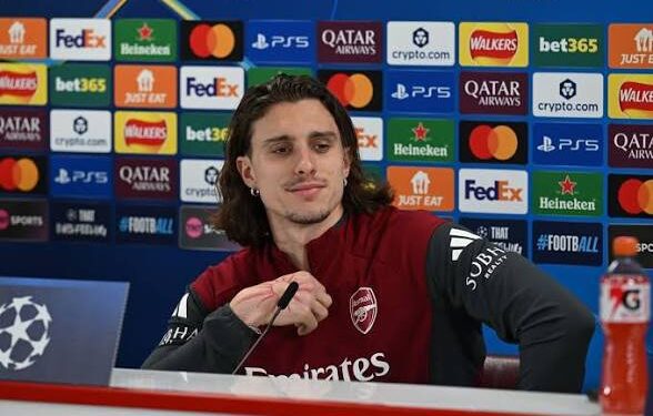 Calafiori Defends Arsenal Amid Mounting Criticism Over Title Stumbles 1 Calafiori in a UCL pre-match presser