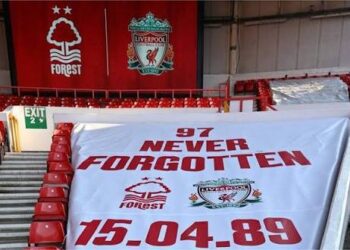 A banner at Anfield remembering the 97 people who lost their lives in the Hillsborough Disaster in 1989