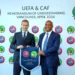 UEFA President, Aleksander Cefrin (left) and CAF President Dr. Patrice Motsepe share a handshake