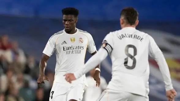 Aurelien Tchouaméni and Federico Valverde (Number 8) both in action for Real Madrid at the Santiago Bernabeu