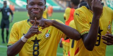 Eric Gyamfi hit his trademark celebration after scoring a stunner against Algeria