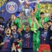 PSG captain, Marquinhos lifts the Uefa Champions League title after beating Arsenal in the final in Budapest