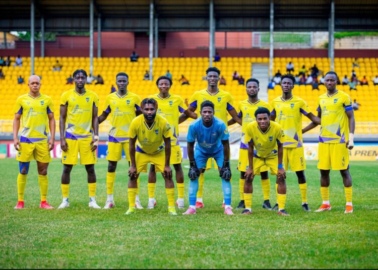 Medeama Target CAF Champions League Group Stage, GPL Title Defence 1 Medeama SC players pose for a pre-match team photo at the TnA Stadium in Tarkwa