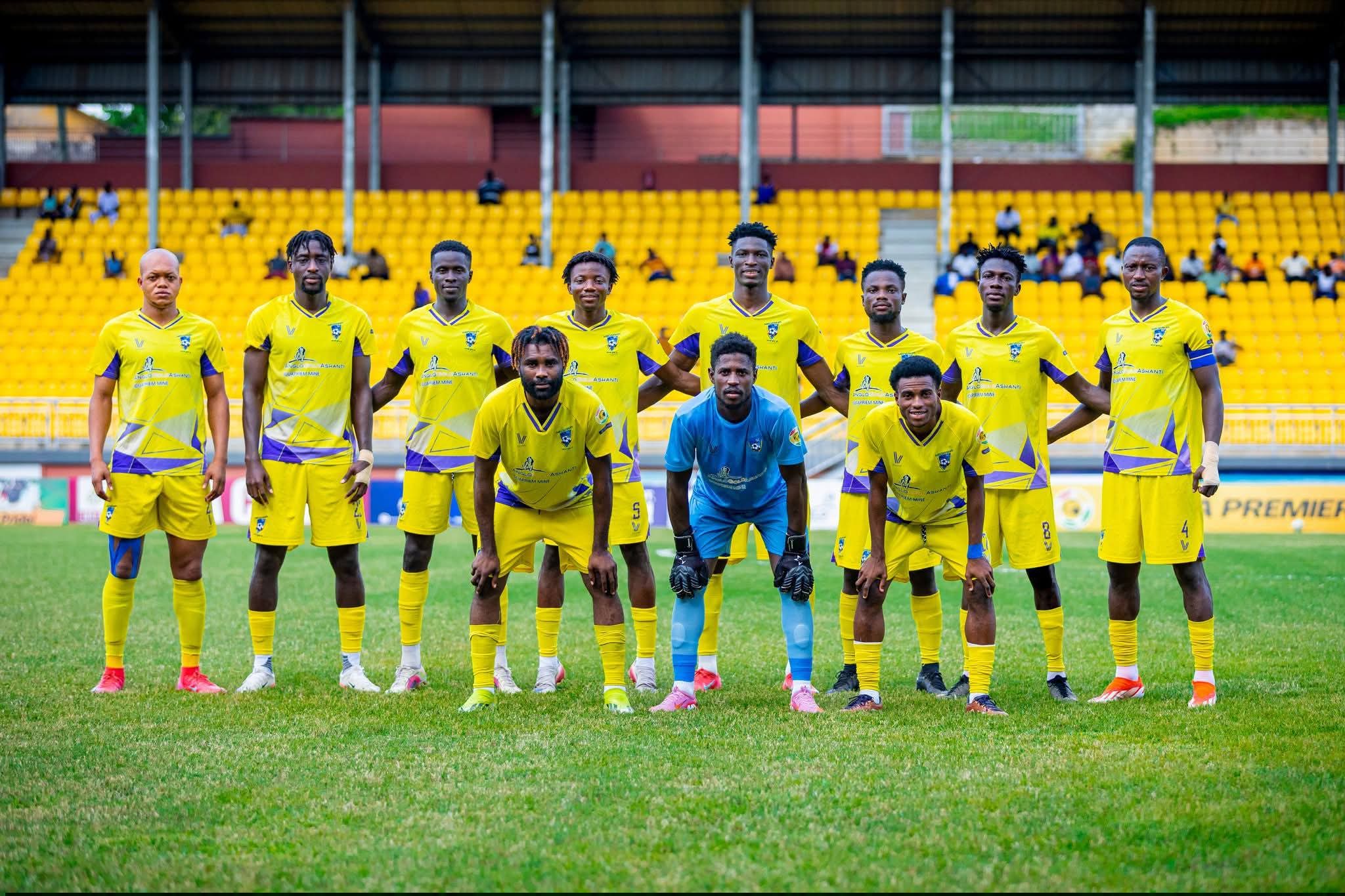 Medeama SC players pose for a pre-match team photo at the TnA Stadium in Tarkwa