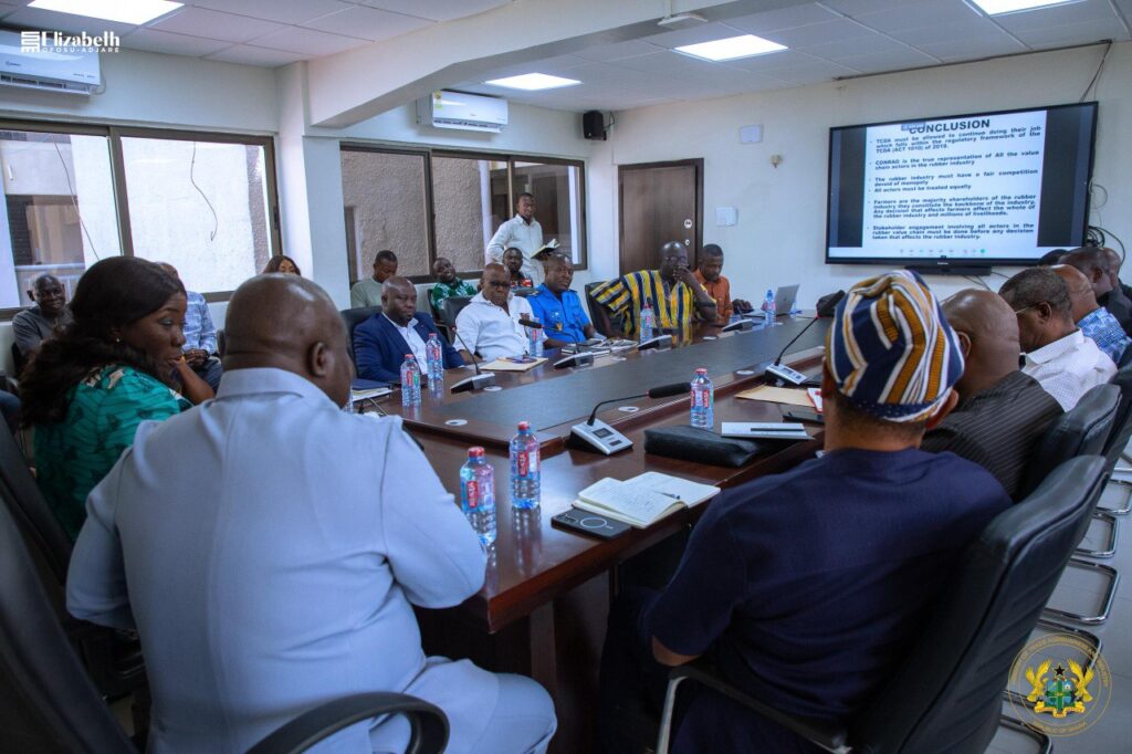 Trade Ministry Enforces Hardline Raw Rubber Export Ban to Anchor Value Chain 4 Hon. Elizabeth Ofosu Adjare Minister for Trade Agribusiness and Industry with Industry Stakeholders in Rubber Export Ban Meeting 2