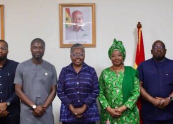 Hon. Emelia Arthur, Minister for Fisheries and Aquaculture Development, with Dr. Riverson Oppong, COMC CEO, and Team