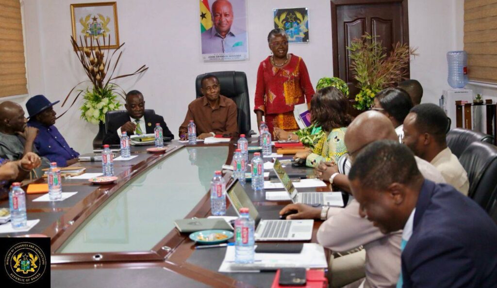Hon. Emelia Arthur Minister for Fisheries and Aquaculture Development with Mr. Lawrence Kannae Chairman of the Civil Service Council Evans Aggrey Darkoh Head of the Civil Service and Representatives