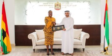 Hon. Emelia Arthur, Minister for Fisheries and Aquaculture, with H.E. Dr. Abdulla Al Mandoos, UAE Ambassador to Ghana