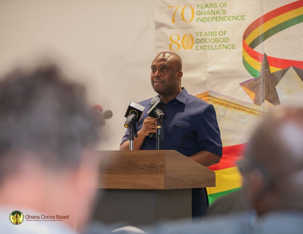 Ghana To Host 2027 World Cocoa Foundation Summit 2 Hon. Thomas Ampem Nyarko Deputy Finance Minister and Representatives at the Official Announcement of the 2027 World Cocoa Foundation Partnership Meeting