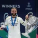 Dani Carvajal displays the Uefa Champions League trophy together with his man of the match award in 2024 UCL final