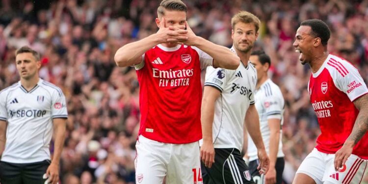 Victor Gyokeres puts up his mask celebration after scoring against Fulham at the Emirates Stadium