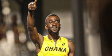 Joseph Paul Amoah raises hand in appreciation for the fans at the UG Stadium in Legon