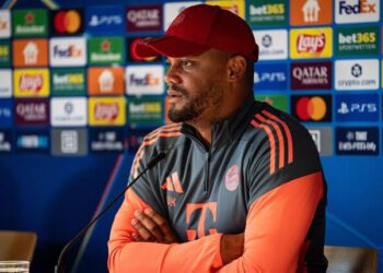 Vincent Kompany seated for his pre-match presser