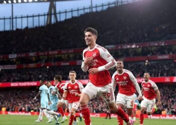 Kai Harvetz leads Arsenal celebrations after scoring against Burnley at the Emirates Stadium