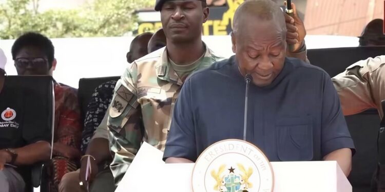 President John Dramani Mahama delivering a speech at the 2026 May Day celebration.