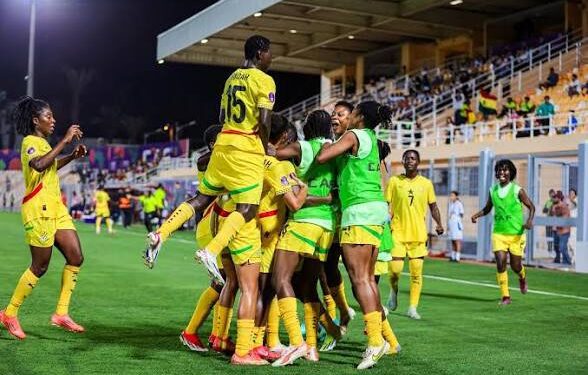 Black Queens celebrate after scoring at the 2025 WAFCON in Morocco