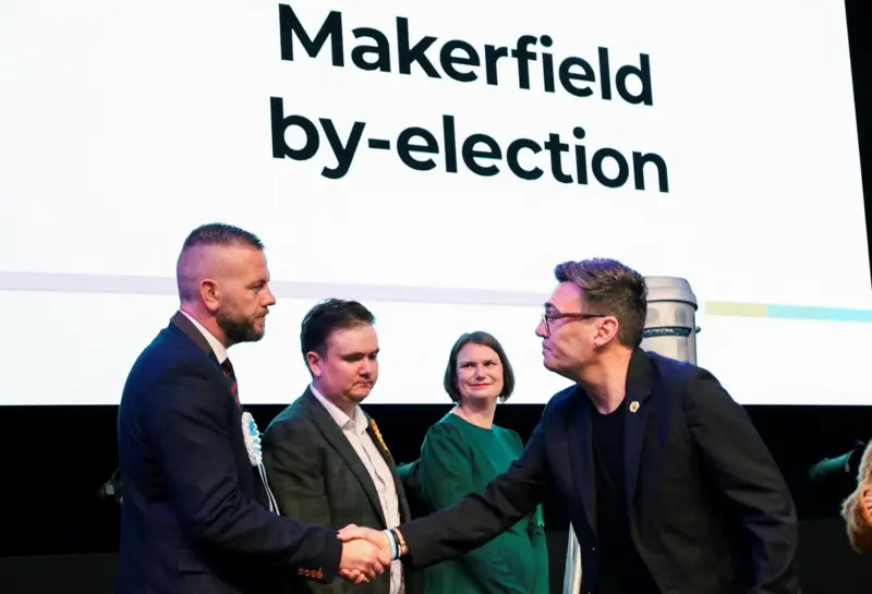 Burnham Secures Landslide Victory in Makerfield By-Election 2 Burnham skakinh hands with Reform UKs Robert Kenyon who finished second 1