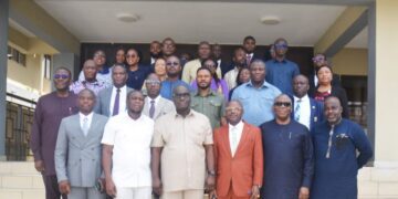Director-General of the GSA, Prof. George Agyei, with Hon. Alexander Roosevelt Hottordze, Chairman of the Parliamentary Select Committee on Trade, Industry and Tourism, and Team