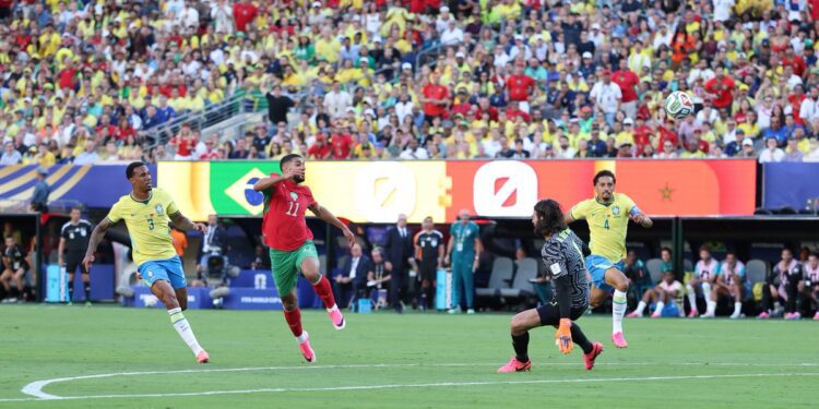 Ismael Saibari lifts the ball over on rushing Alisson Becker to give Morocco the lead against Brazil in their Group C Opener at the 2026 FIFA World Cup