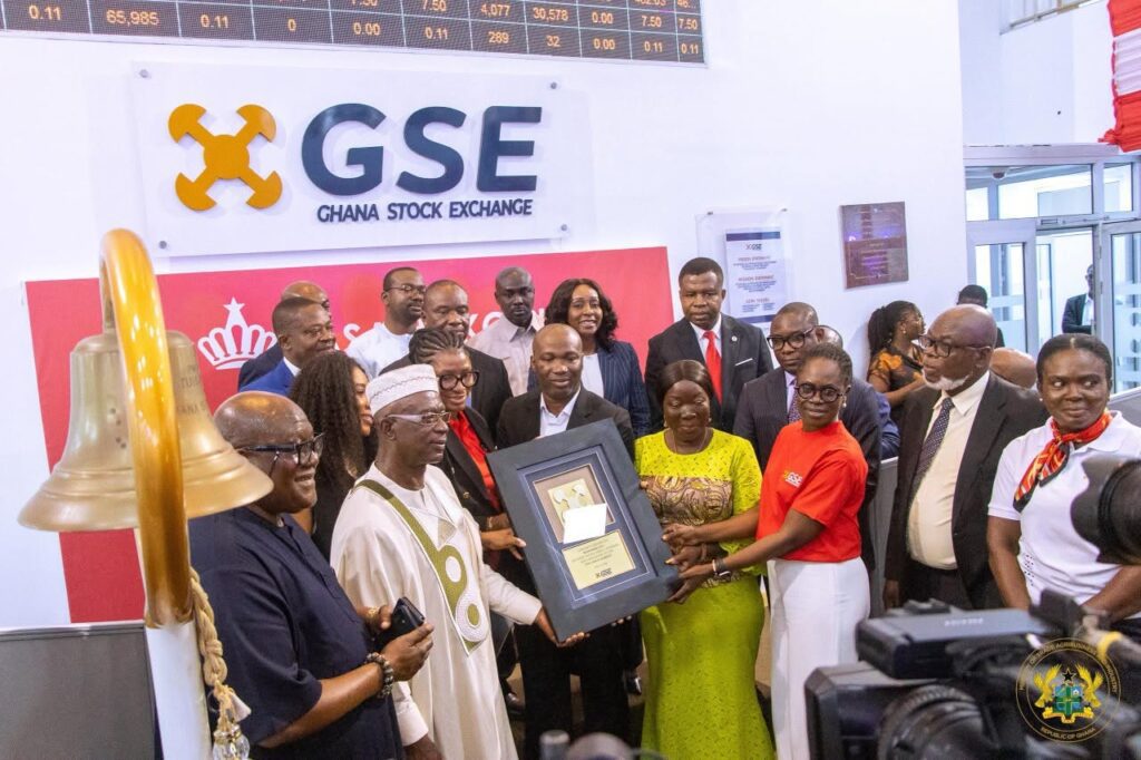 Hon. Elizabeth Ofosu Adjare Minister for Trade Agribusiness and Industry with Mr. Richard Adjei Managing Director for Kasapreko PLC and Stakeholders at the Kasapreko PLC Stock Exchange Ceremony