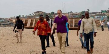 Hon. Emelia Arthur, Minister for Fisheries and Aquaculture Development, with H.E. John Mikal Kvistad, Norwegian Ambassador to Ghana, at the Apo Fishing Community