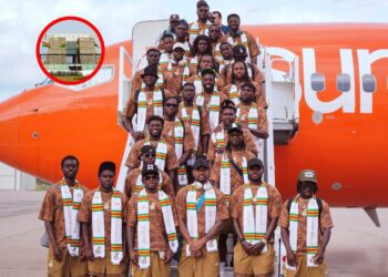 Black Stars team take a photo at the airport upon arrival in Rhodes Island, their official World Cup base in the US