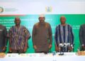 Mr. Kolawole A. Sofola, ECOWAS Director of Trade, Dr. Simeon K. Koffi, ECOWAS Executive Director, Mr. Kofi Addo, ECOWAS Director of Industry, and Mr. Ebo Quayson, Ghana’s Director of Trade Development at MoTAI, Announce ECOMOTI-5