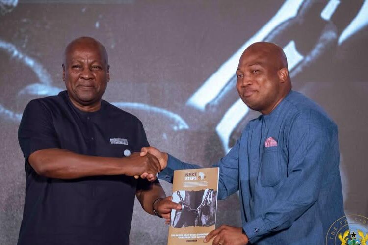 Accra Next Steps Conference Adopts Roadmap to Advance Global Reparatory Justice 1 President John Dramani Mahama receiving the roadmap from the Next Step Conference from Minister for Foreign Affairs, Samuel Okudzeto Ablakwa