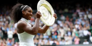 Serena Williams displays her Wimbledon trophy