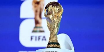 The Fifa World Cup trophy is displayed ahead of the draw for the 2026 Fifa World Cup European qualifiers at the FIFA headquarters in Zurich, on December 13, 2024. (Photo by Fabrice COFFRINI / AFP) (Photo by FABRICE COFFRINI/AFP via Getty Images)