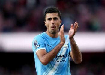 Rodrigo claps in appreciation of the support from the Etihad crowd