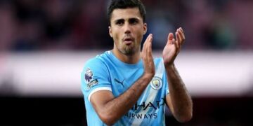 Rodrigo claps in appreciation of the support from the Etihad crowd