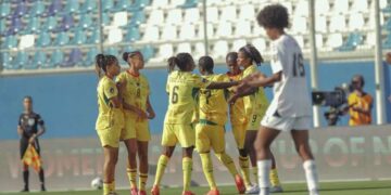 Black Queens players celebrating with Doris Boaduwaa after giving Ghana the lead against Cape Verde